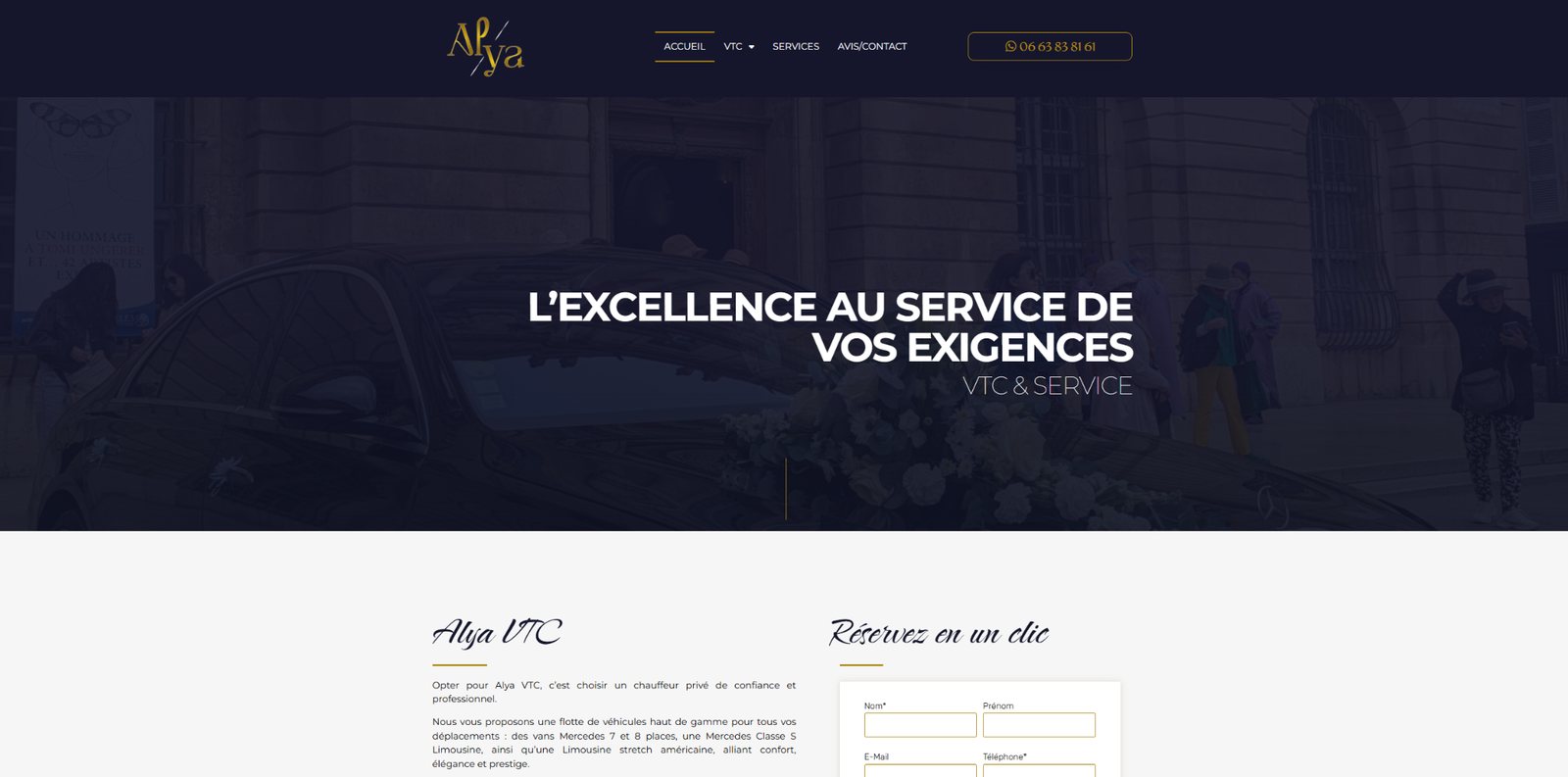 Capture de la page d’accueil du site Alya VTC & Service