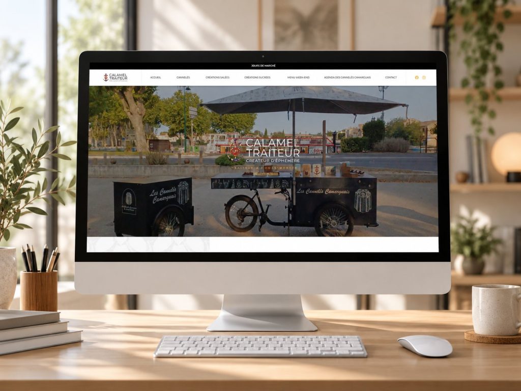 Mockup du site Calamel Traiteur (site vitrine gastronomique) réalisé par La Com du Ponant