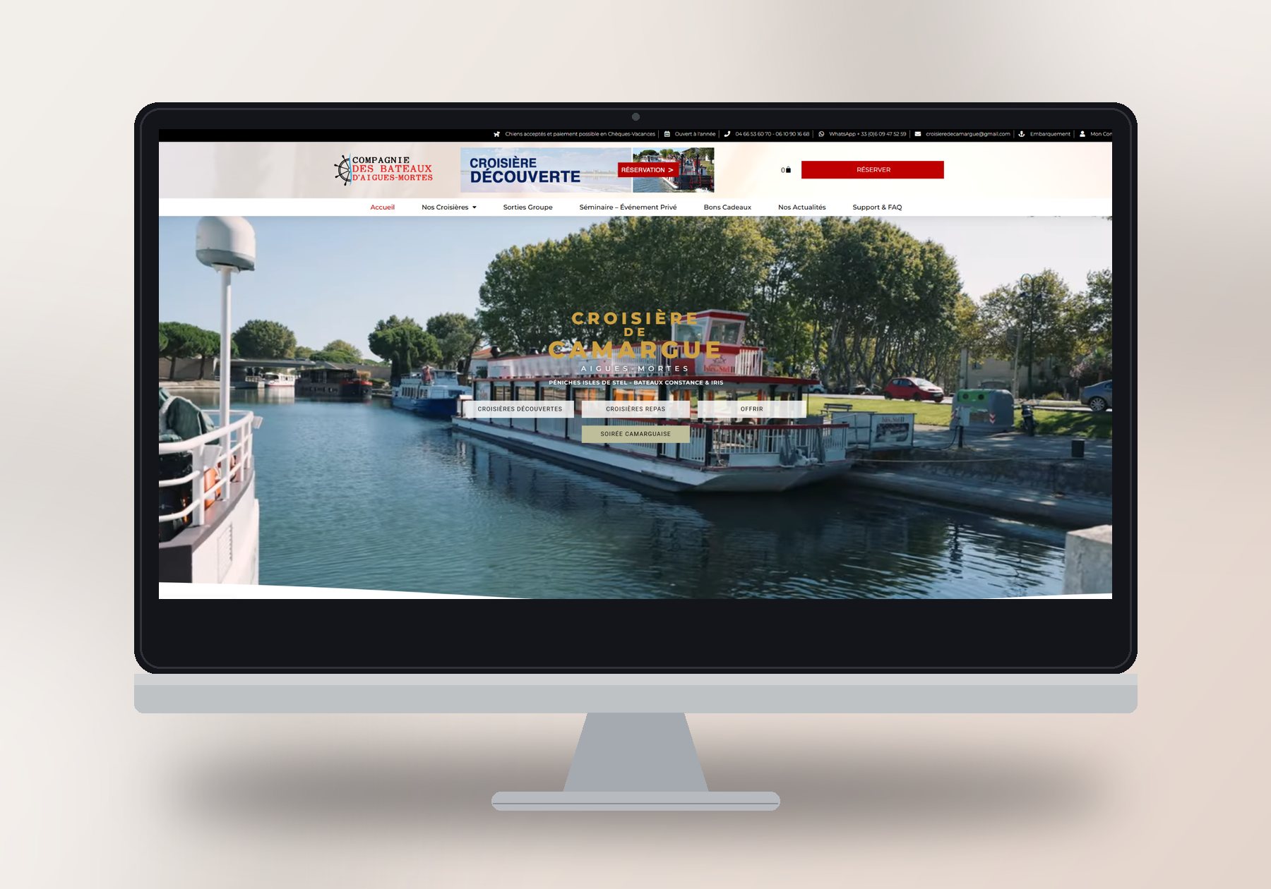 Mockup du site Croisière de Camargue (billetterie & réservation) réalisé par La Com du Ponant