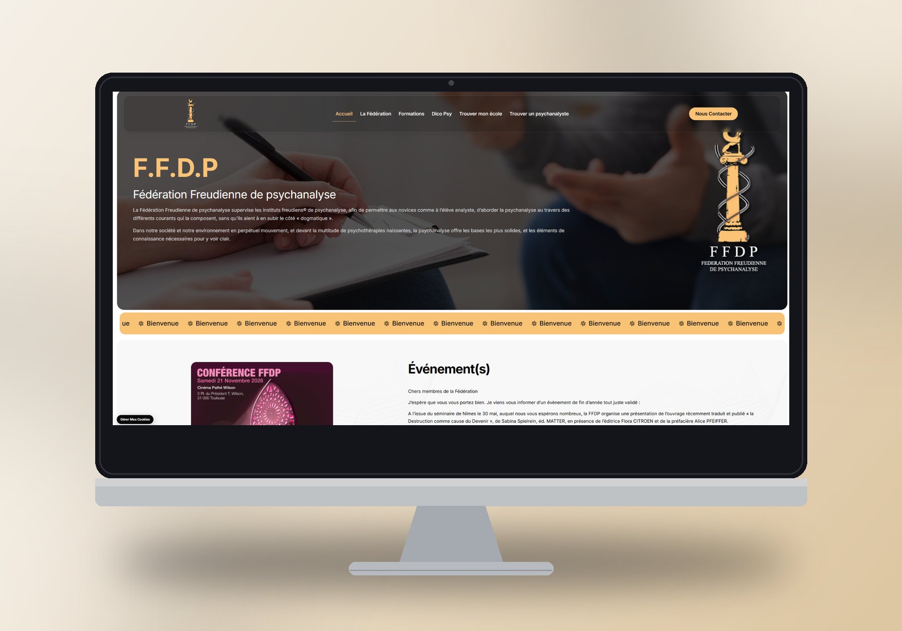 Mockup du site Fédération Freudienne de Psychanalyse (refonte de site institutionnel) réalisé par La Com du Ponant