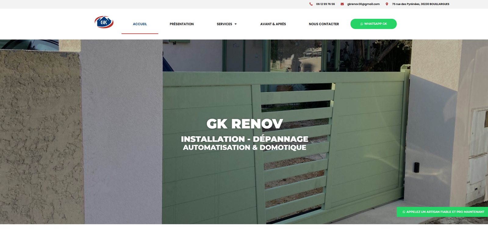 Capture de la page d’accueil du site GK Renov