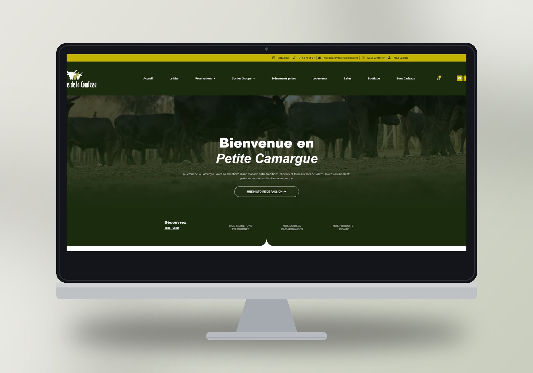 Mockup du site Mas de la Comtesse (site de réservation & e-commerce) réalisé par La Com du Ponant