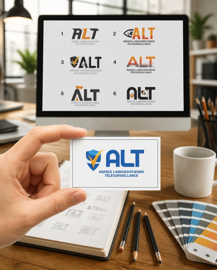 Création de logo – ALT – Agence Languedocienne Télésurveillance, réalisation print de La Com du Ponant