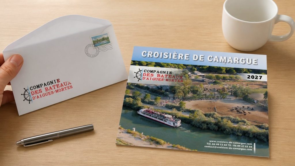 Catalogue 2027 et enveloppe – Croisière de Camargue – Compagnie des Bateaux d’Aigues-Mortes, réalisation print de La Com du Ponant