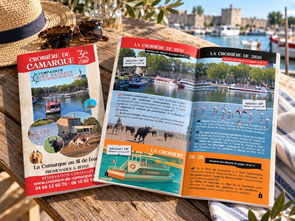 Dépliants – Croisière de Camargue – Compagnie des Bateaux d’Aigues-Mortes, réalisation print de La Com du Ponant