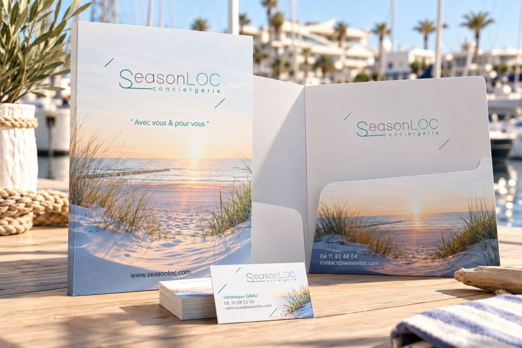 Identité visuelle : chemise et cartes de visite – SeasonLOC Conciergerie, réalisation print de La Com du Ponant