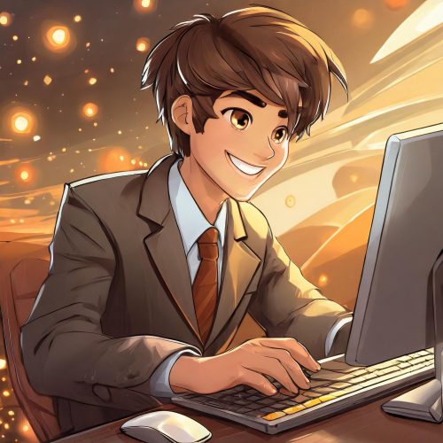 Firefly Firefly Firefly graphist men, brown eyed and brown hair with a computer in anime style with