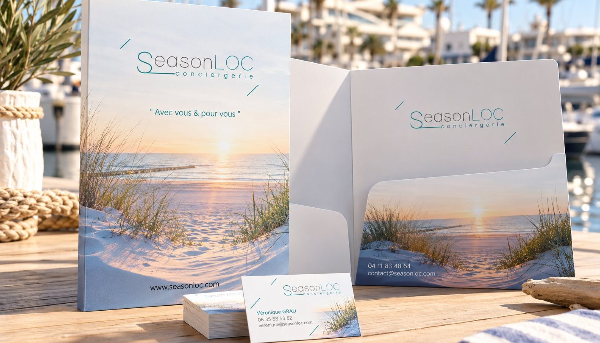 Identité visuelle : chemise et cartes de visite – SeasonLOC Conciergerie, réalisation print de La Com du Ponant